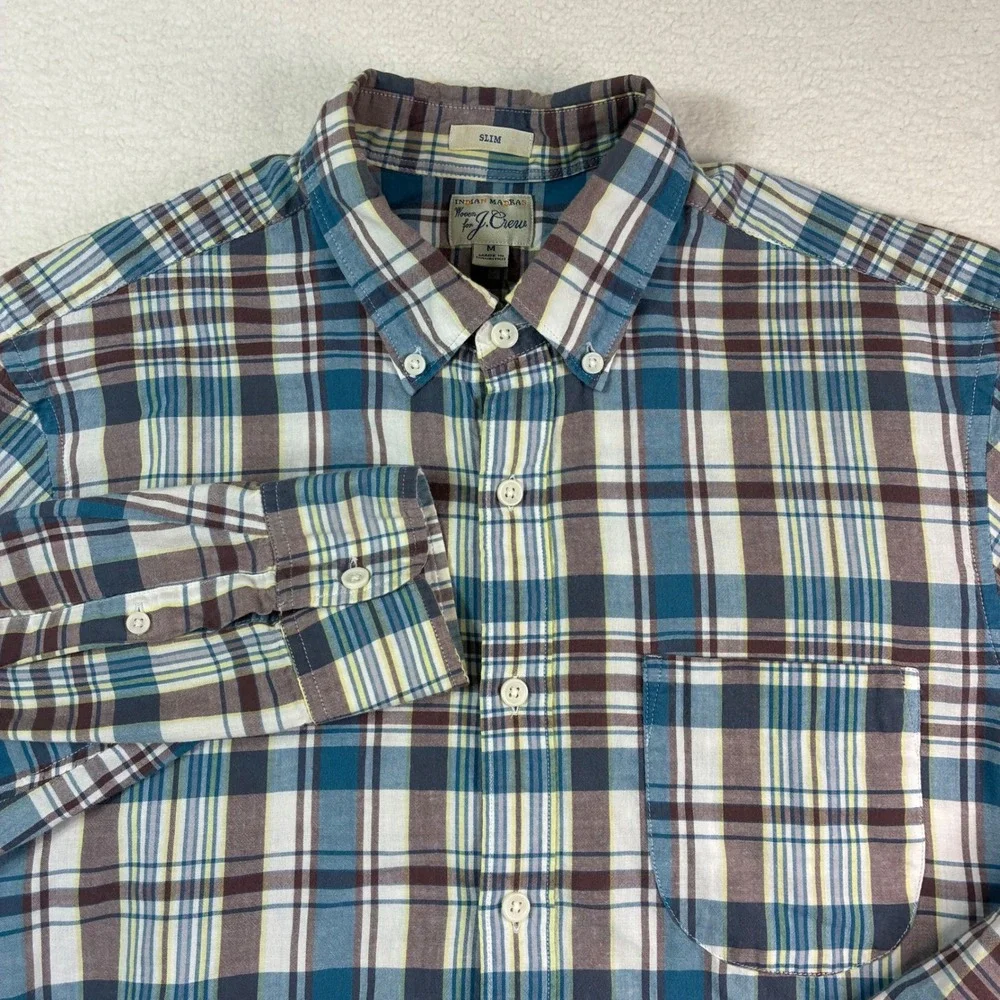 J Crew Indian Madras Button Shirt Mens Medium Blue Brown Plaid Slim Long Sleeve